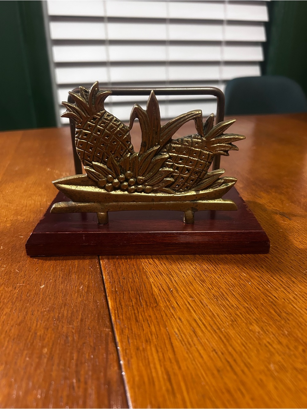 Vintage Brass Pineapple Napkin Holder on Wood Base